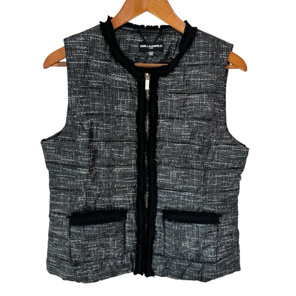 KARL LAGERFELD Paris Tweed Quilted Puffer Vest Black White Size Medium